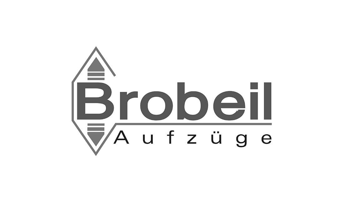 Brobeil Aufzüge Logo mit stilisiertem Aufzugschacht und Pfeilen nach oben und unten.